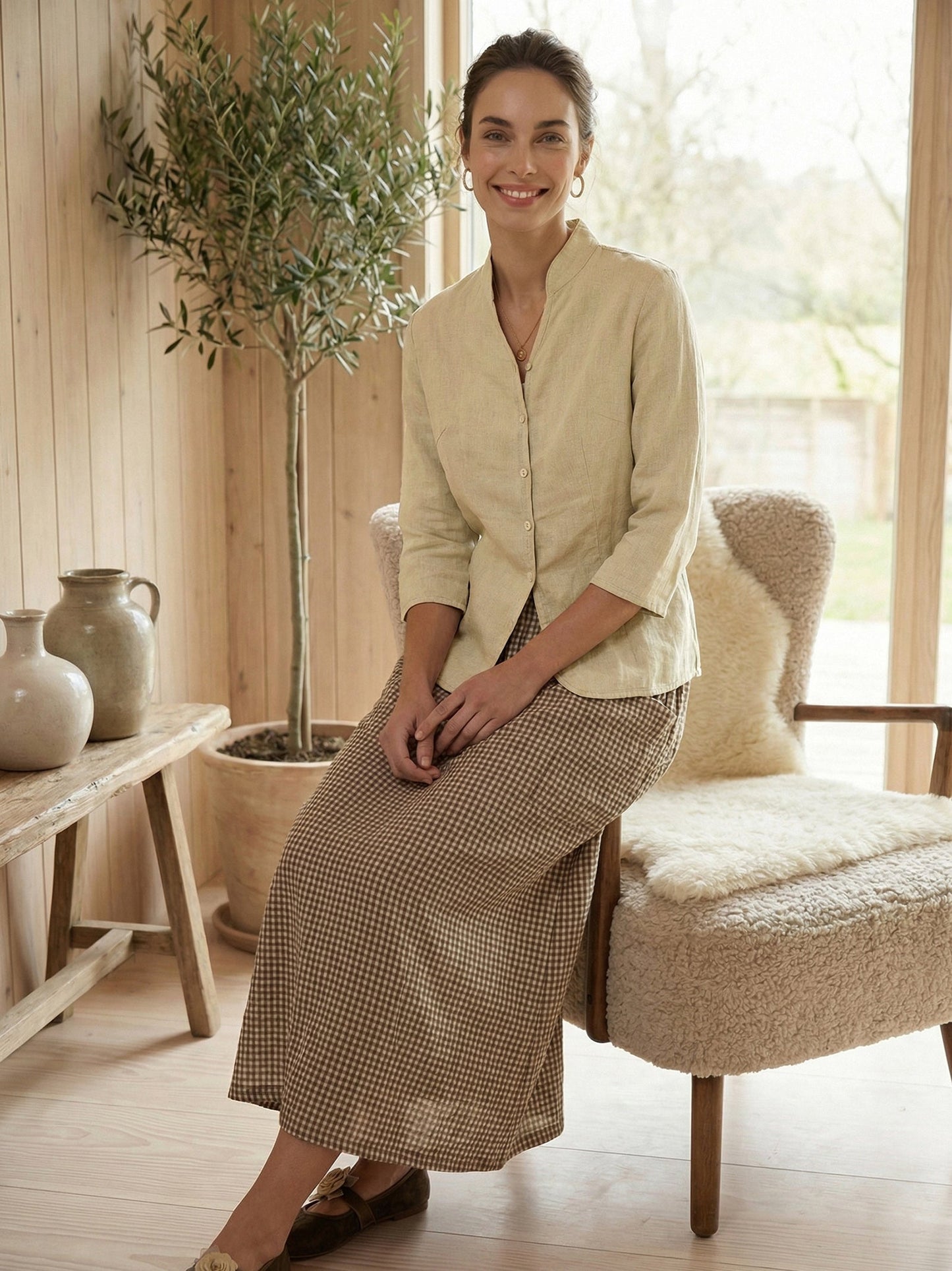 100% Linen Stand-Collar Half-Sleeve Fitted Jacket AMELIA