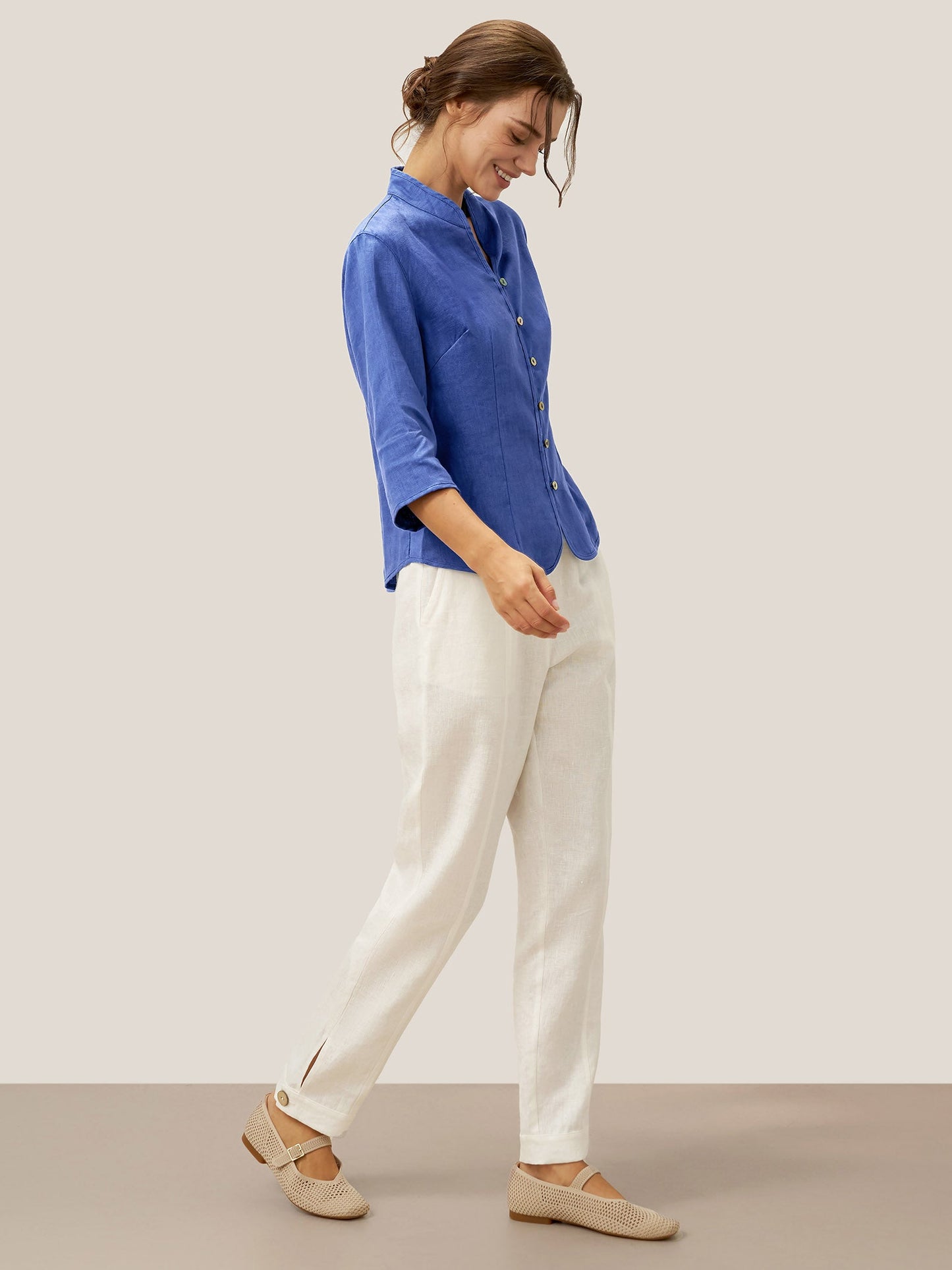 100% Linen Stand-Collar Half-Sleeve Fitted Jacket AMELIA