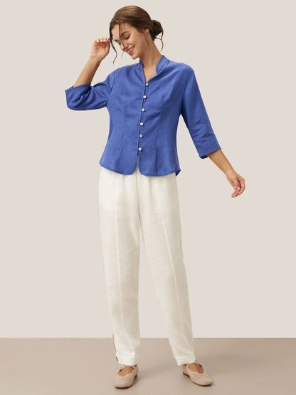 100% Linen Stand-Collar Half-Sleeve Fitted Jacket AMELIA