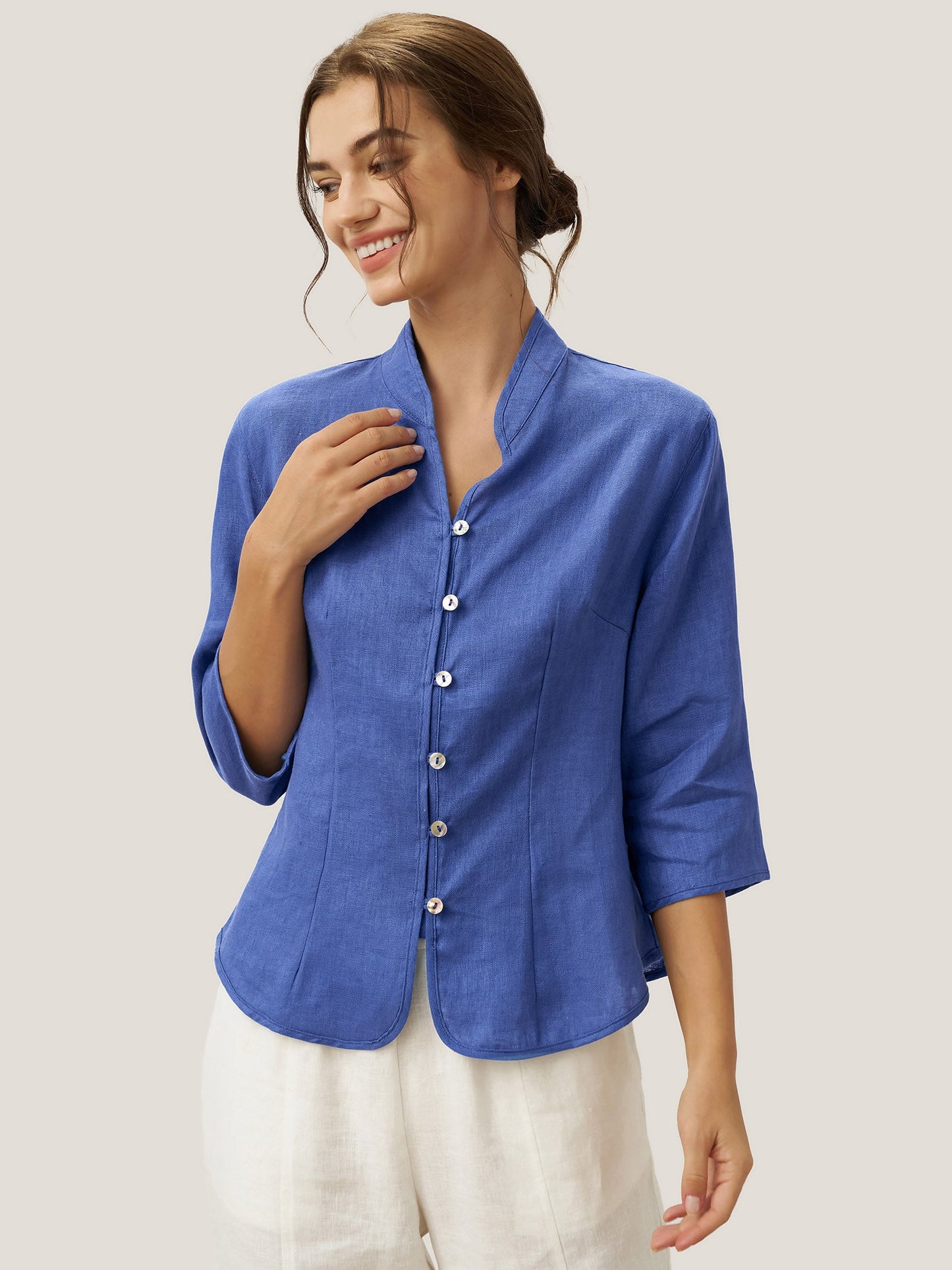 100% Linen Stand-Collar Half-Sleeve Fitted Jacket AMELIA