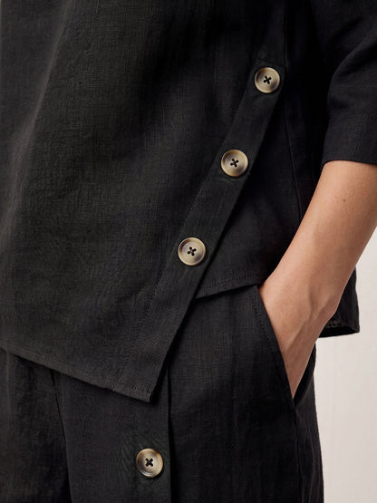 100% Linen Asymmetric-Hem Button-Trim Top NYLA