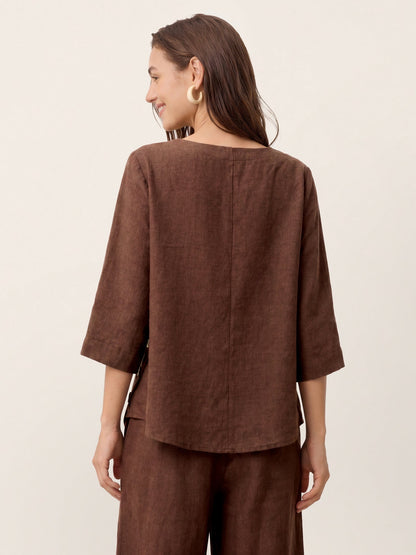 100% Linen Asymmetric-Hem Button-Trim Top NYLA