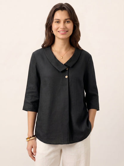 100% Linen Asymmetric Collar Inverted Pleat Top OTTILIE