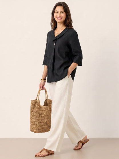 100% Linen Asymmetric Collar Inverted Pleat Top OTTILIE
