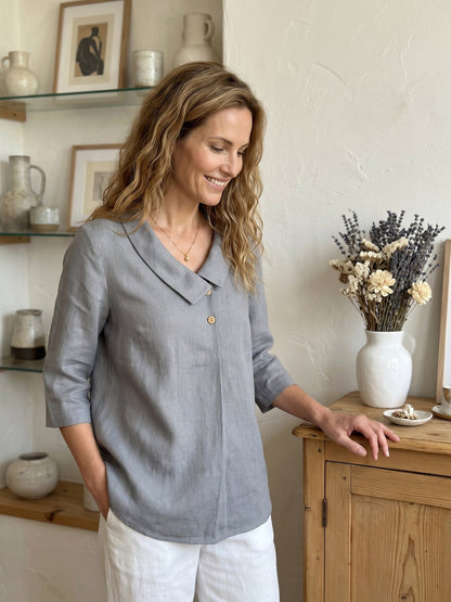 100% Linen Asymmetric Collar Inverted Pleat Top OTTILIE