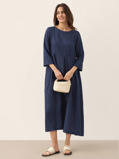 100% Linen Bateau Neck Pleated Midi Dress