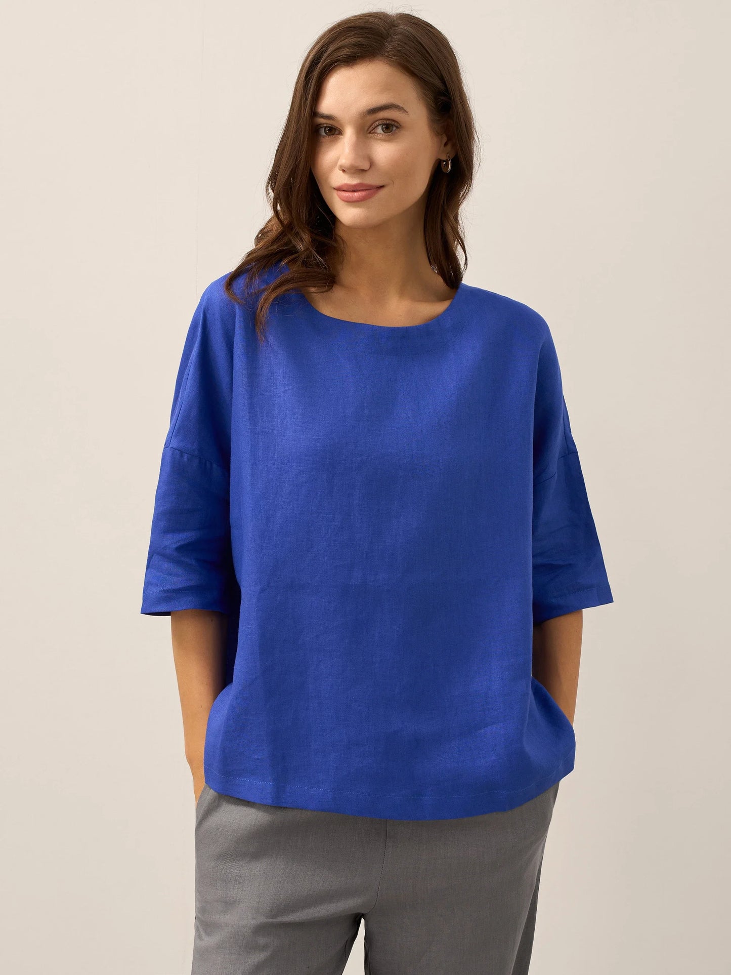 100% Linen Boatneck 3/4 Length Sleeve Top AURORA