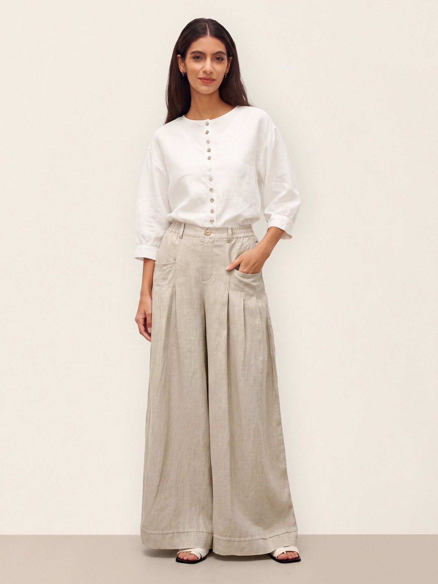 100% Linen Button-Front Drop Shoulder Shirt EASTER