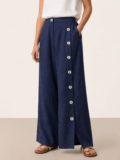 100% Linen Buttoned Slit-Hem Pants KATYA