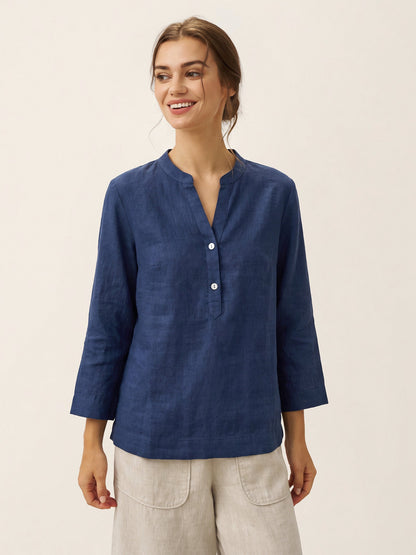 100% Linen Deep V-Neck Pullover with Button-Trim JOLYNE