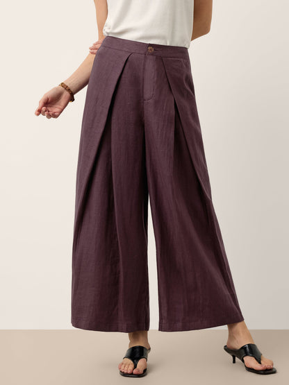 100% Linen Yarn Dyed Pleated Elastic Waist Wide Leg Culottes PALOMA