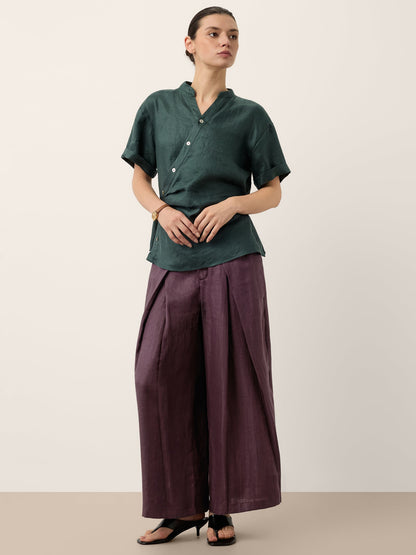 100% Linen Yarn Dyed Pleated Elastic Waist Wide Leg Culottes PALOMA