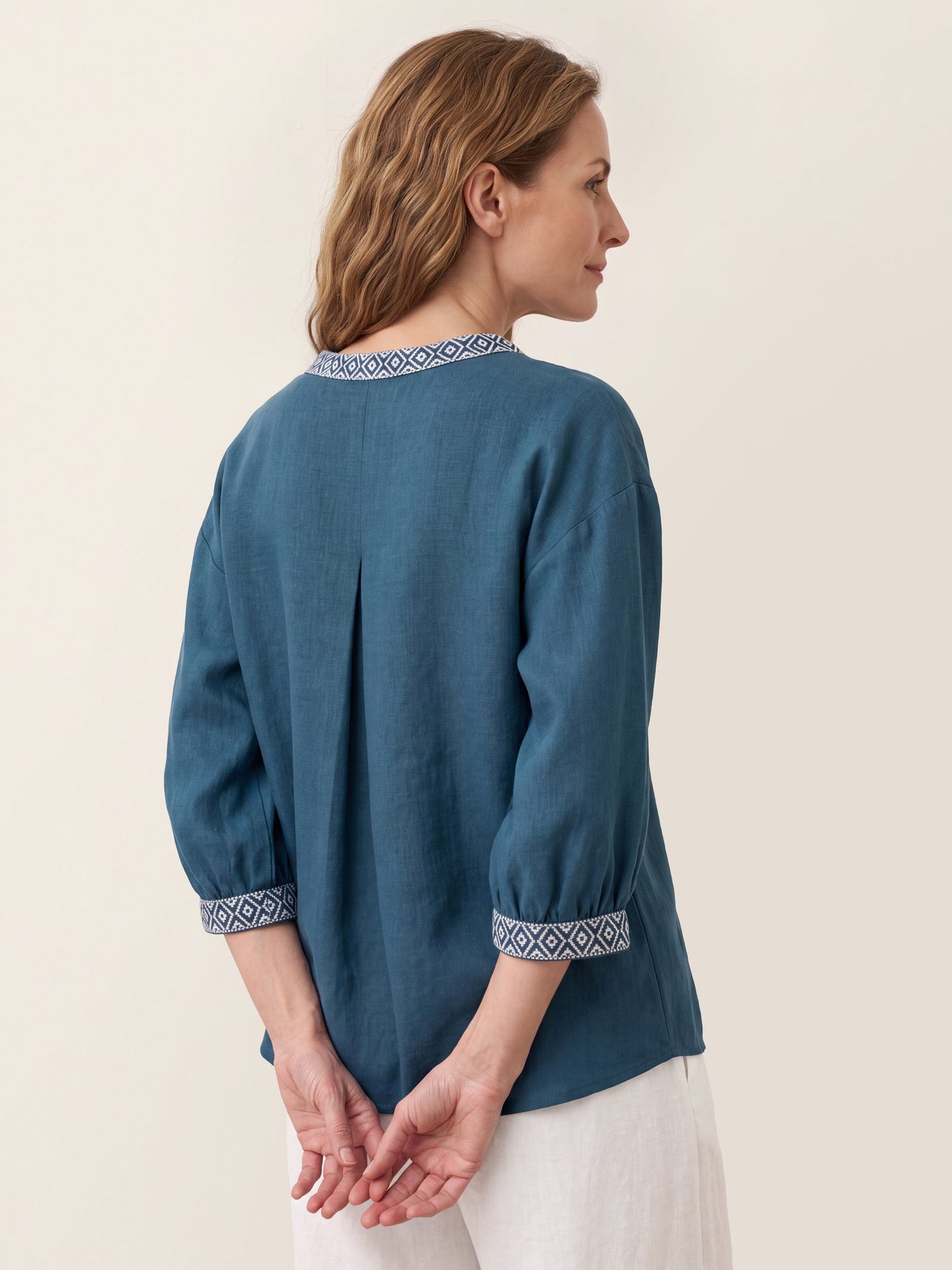 100% Linen Geometric Trim V Neck Shirt SORAYA