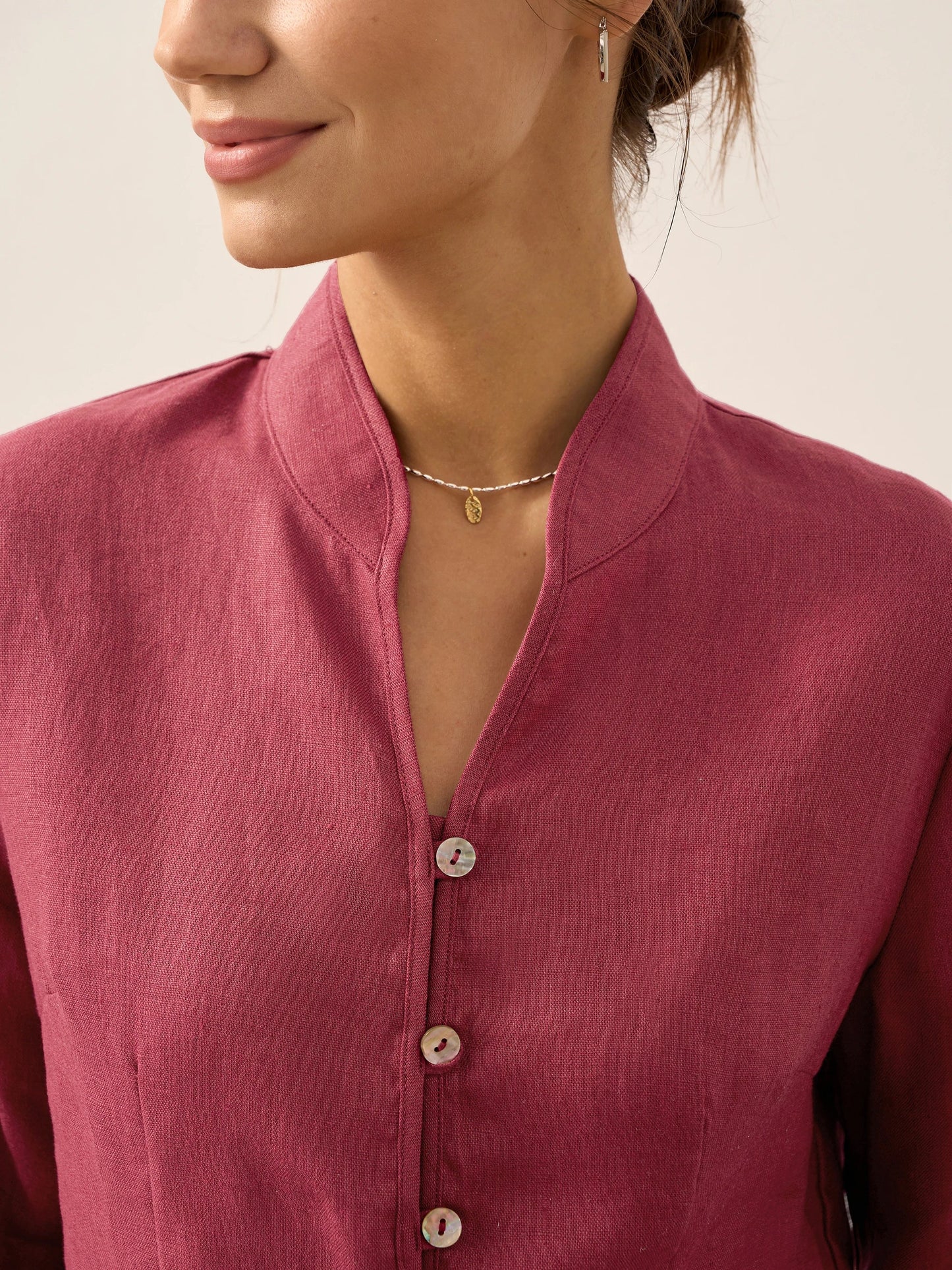100% Linen Stand-Collar Half-Sleeve Fitted Jacket AMELIA