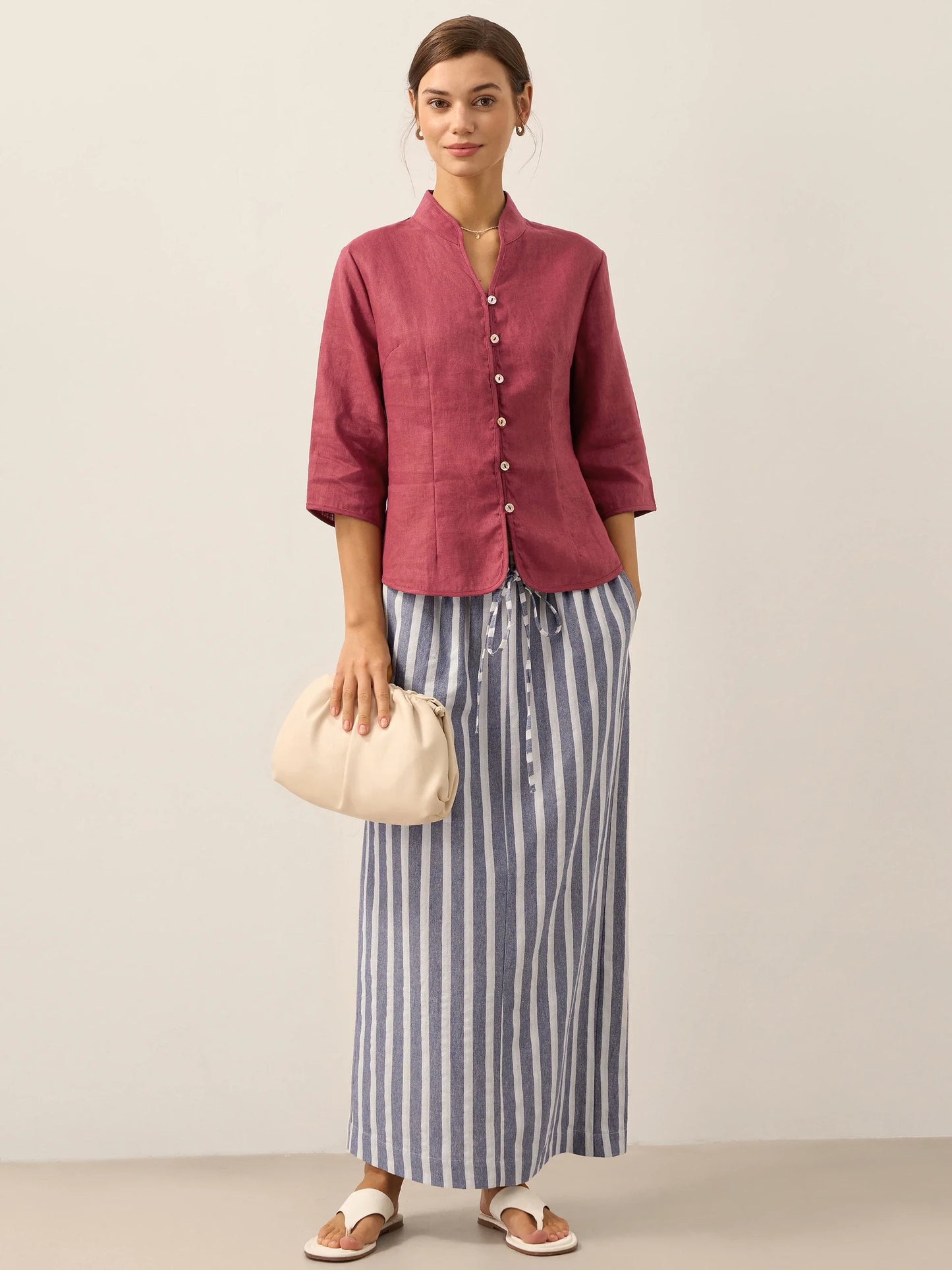 100% Linen Stand-Collar Half-Sleeve Fitted Jacket AMELIA