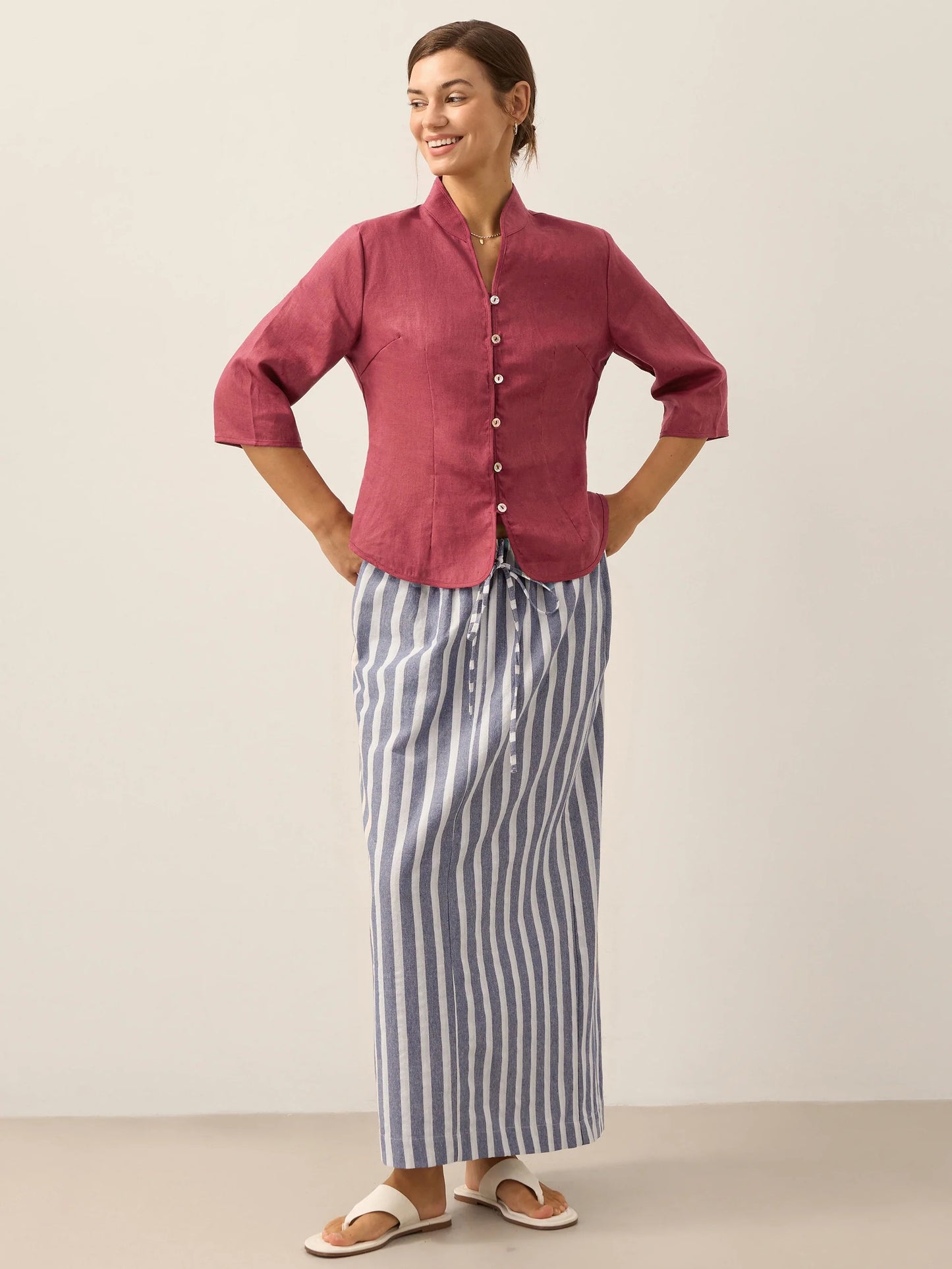 100% Linen Stand-Collar Half-Sleeve Fitted Jacket AMELIA