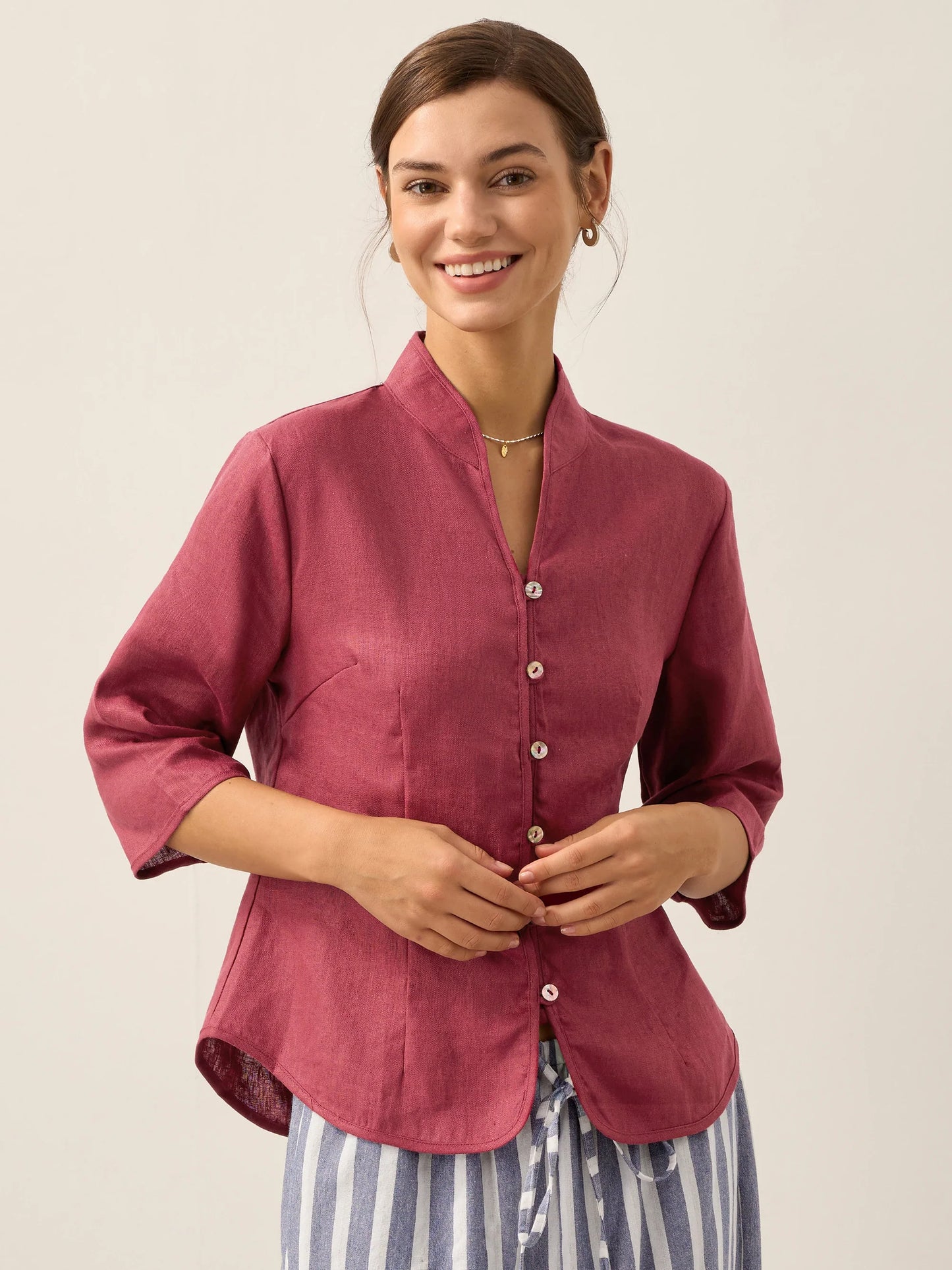 100% Linen Stand-Collar Half-Sleeve Fitted Jacket AMELIA