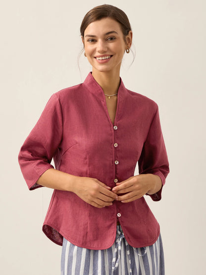 100% Linen Stand-Collar Half-Sleeve Fitted Jacket AMELIA