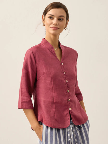 100% Linen Stand-Collar Half-Sleeve Fitted Jacket AMELIA
