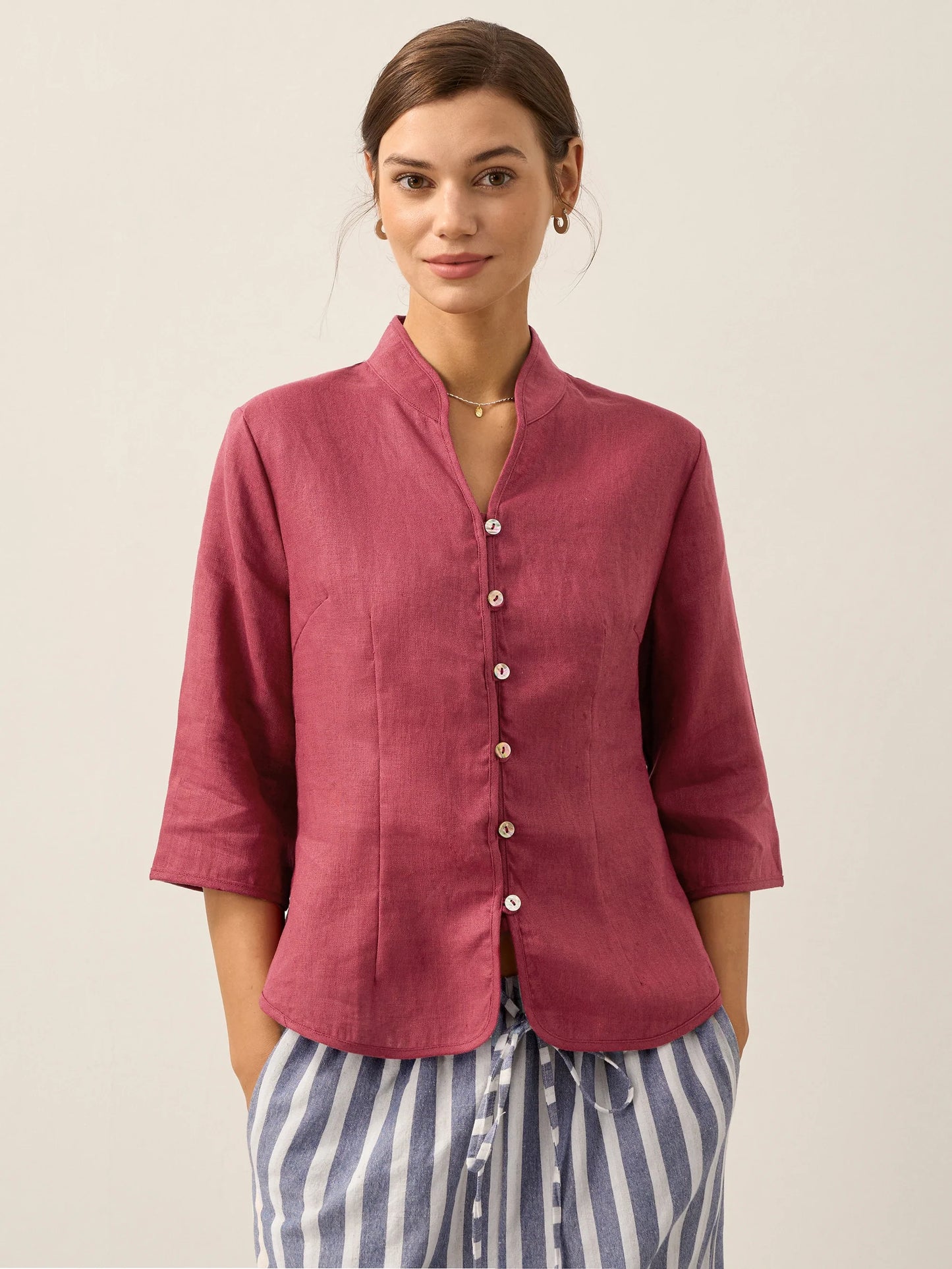 100% Linen Stand-Collar Half-Sleeve Fitted Jacket AMELIA