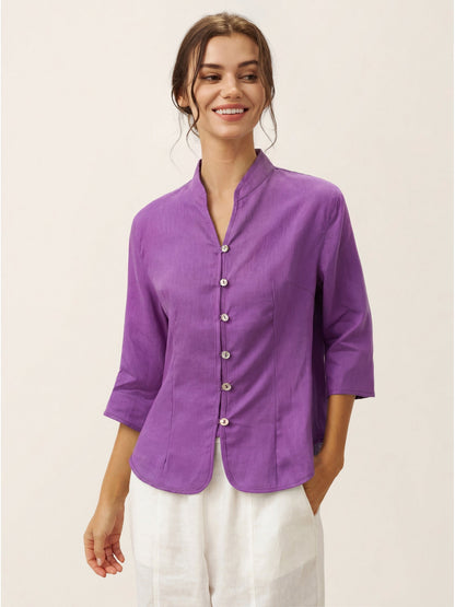 100% Linen Stand-Collar Half-Sleeve Fitted Jacket AMELIA