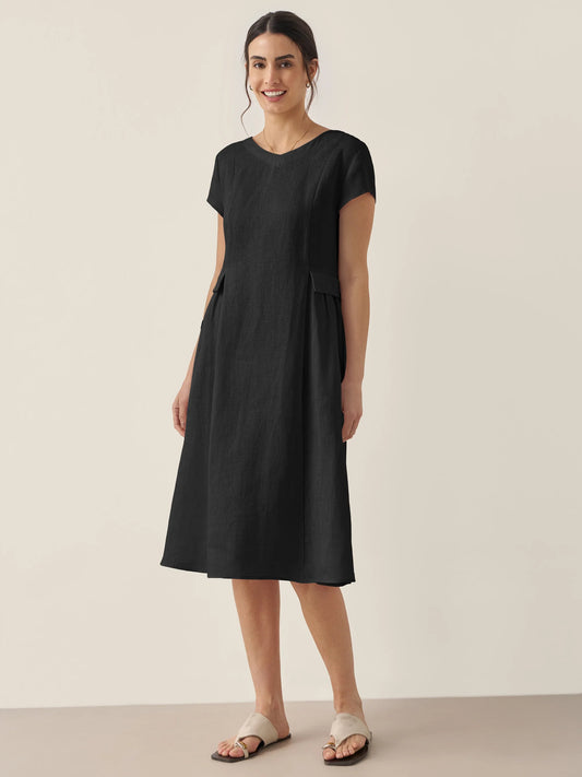 100% Linen Natural Summer V-Neck Dress ALEXA