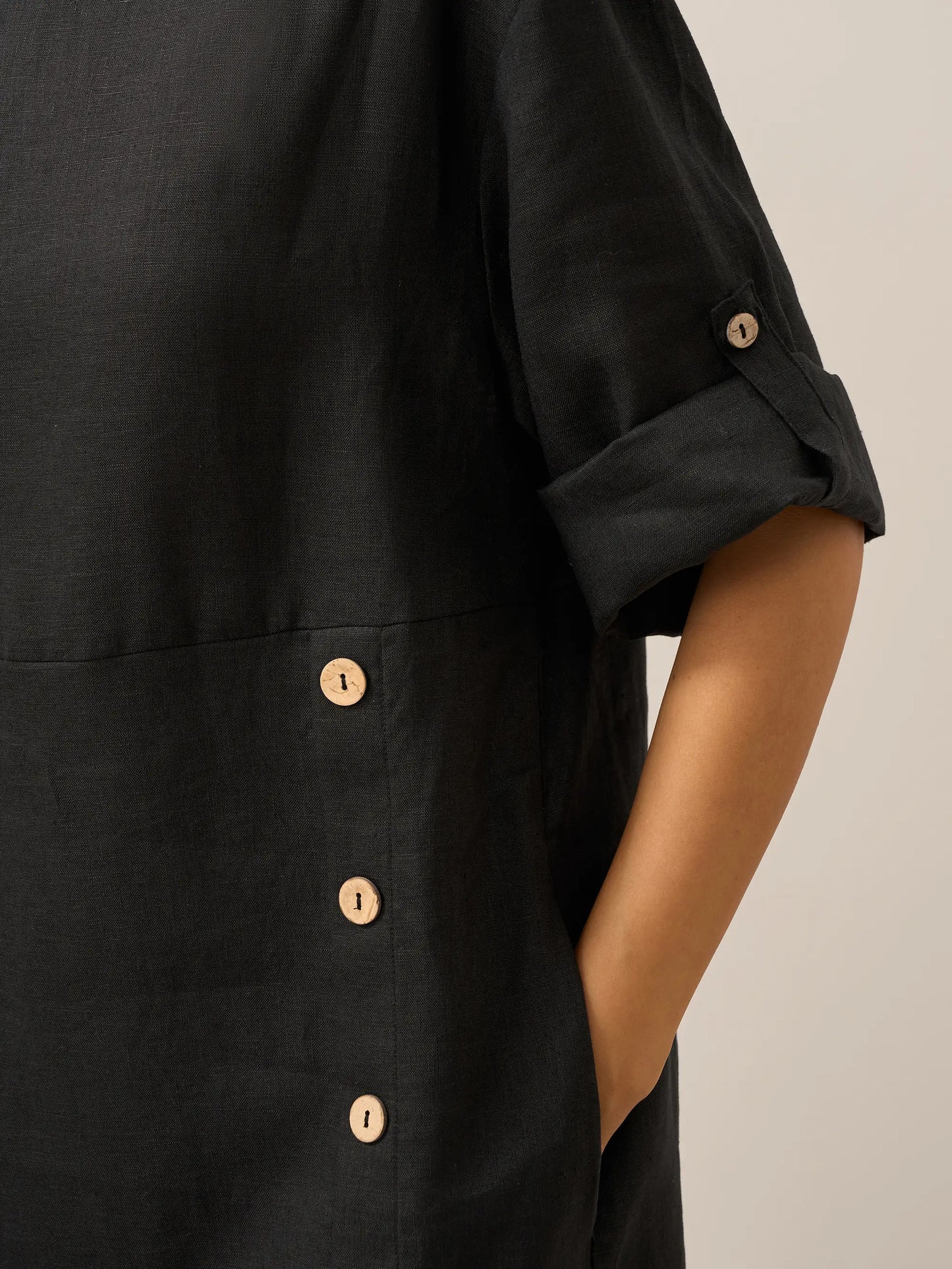 100% Linen Round Neck Button Detail Midi Dress JELENA