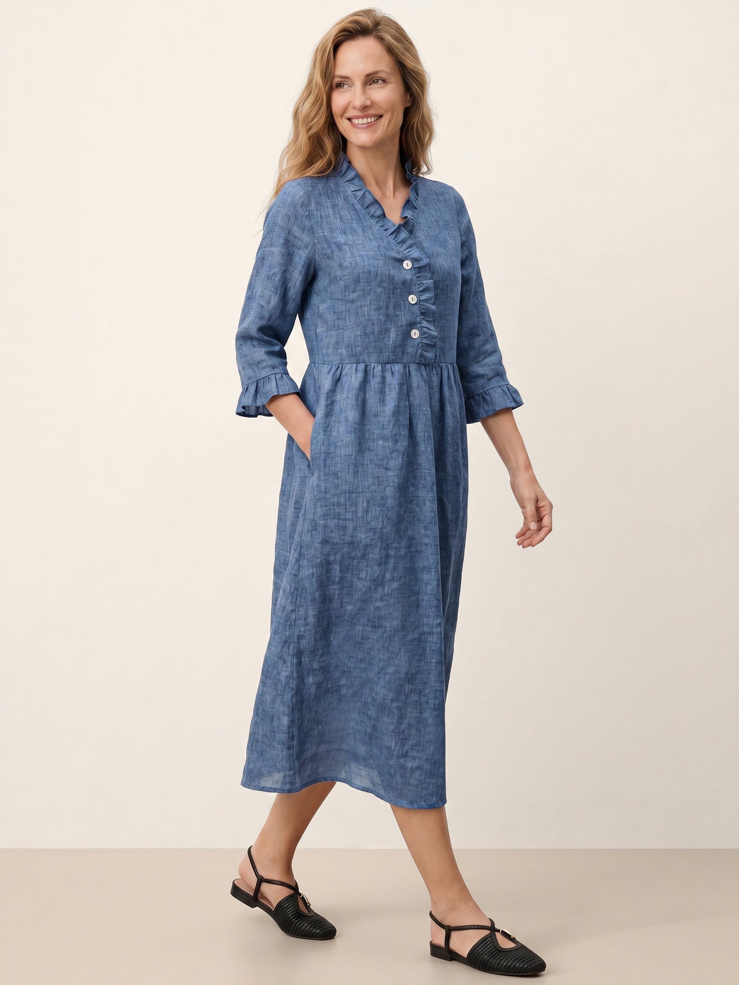 100% Linen Ruffle Placket A Line Midi Dress SAMARA