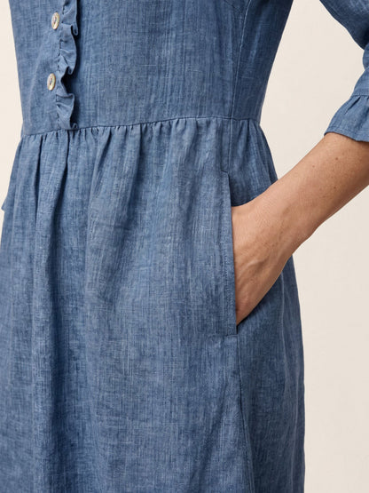 100% Linen Ruffle Placket A Line Midi Dress SAMARA