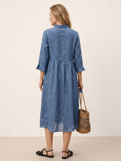100% Linen Ruffle Placket A Line Midi Dress SAMARA