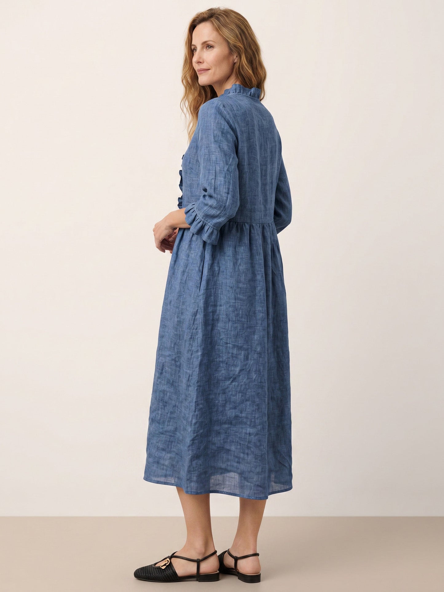 100% Linen Ruffle Placket A Line Midi Dress SAMARA