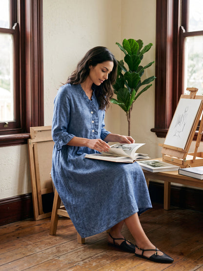 100% Linen Ruffle Placket A Line Midi Dress SAMARA