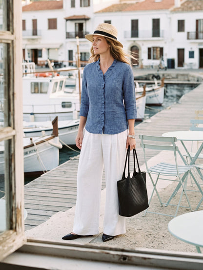 100% Linen Ruffle Placket V Neck Shirt RENATA