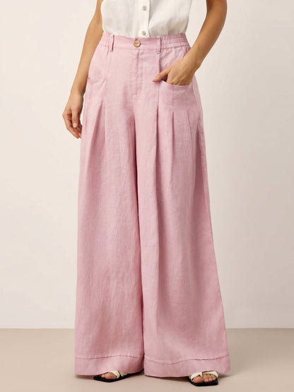 100% Linen Sculpted Pleat Elasticated Back Relaxed Pants VERIDIANA
