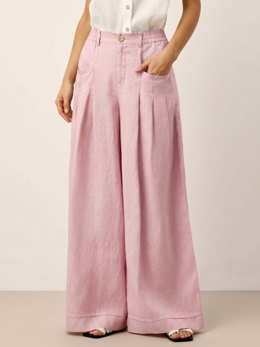 100% Linen Sculpted Pleat Elasticated Back Relaxed Pants VERIDIANA