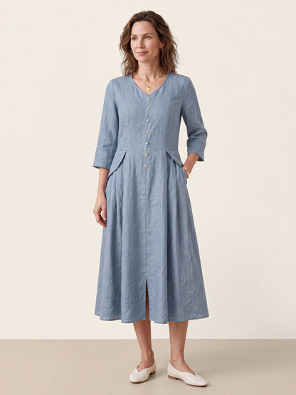 100% Linen Shell Button A Line Midi Dress ELIORA