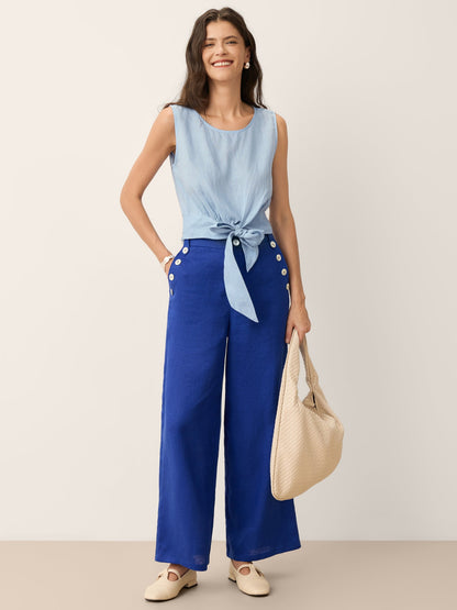 100% Linen Shell Button Elasticated Back Wide-Leg Pants IONE