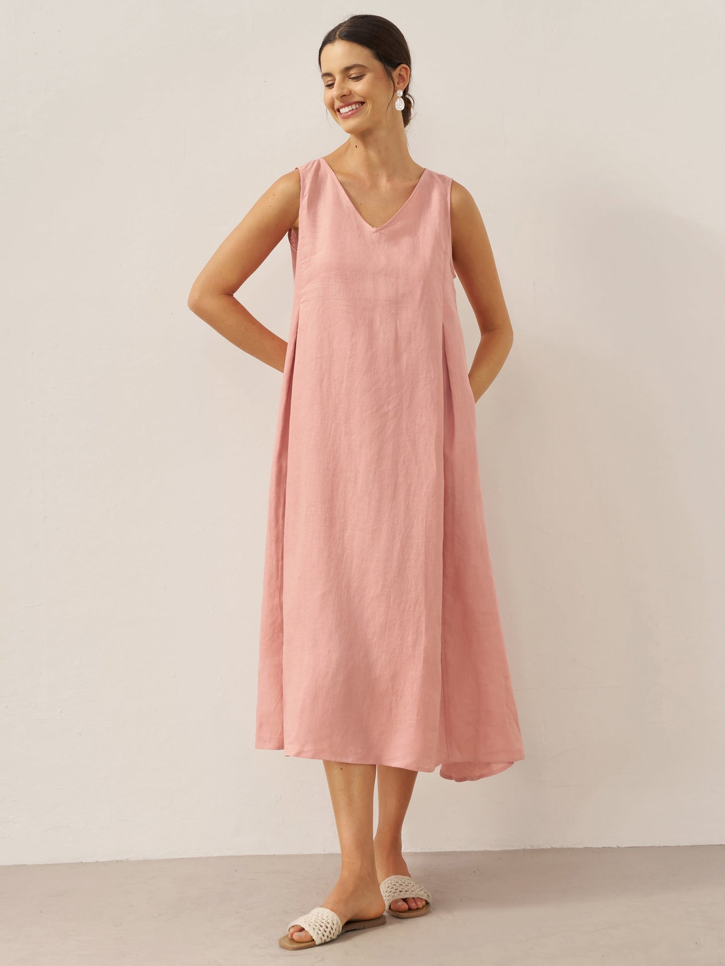 100% Linen Sleeveless A-Line Midi Dress TARA