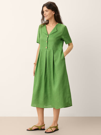 100% Linen Split Neck Button Detail Midi Dress SERAPHINE