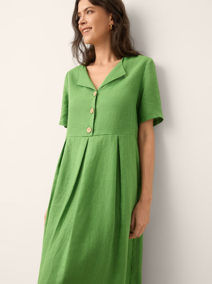 100% Linen Split Neck Button Detail Midi Dress SERAPHINE