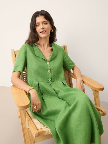100% Linen Split Neck Button Detail Midi Dress SERAPHINE