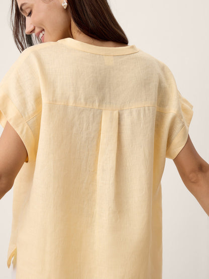 100% Linen Stand-Collar Curved-Hem Top CRESSA
