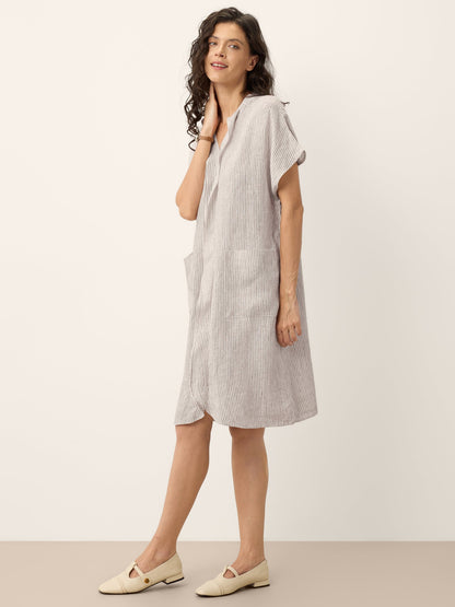 100% Linen Striped Ruffle Placket Shirt Dress GLORIA