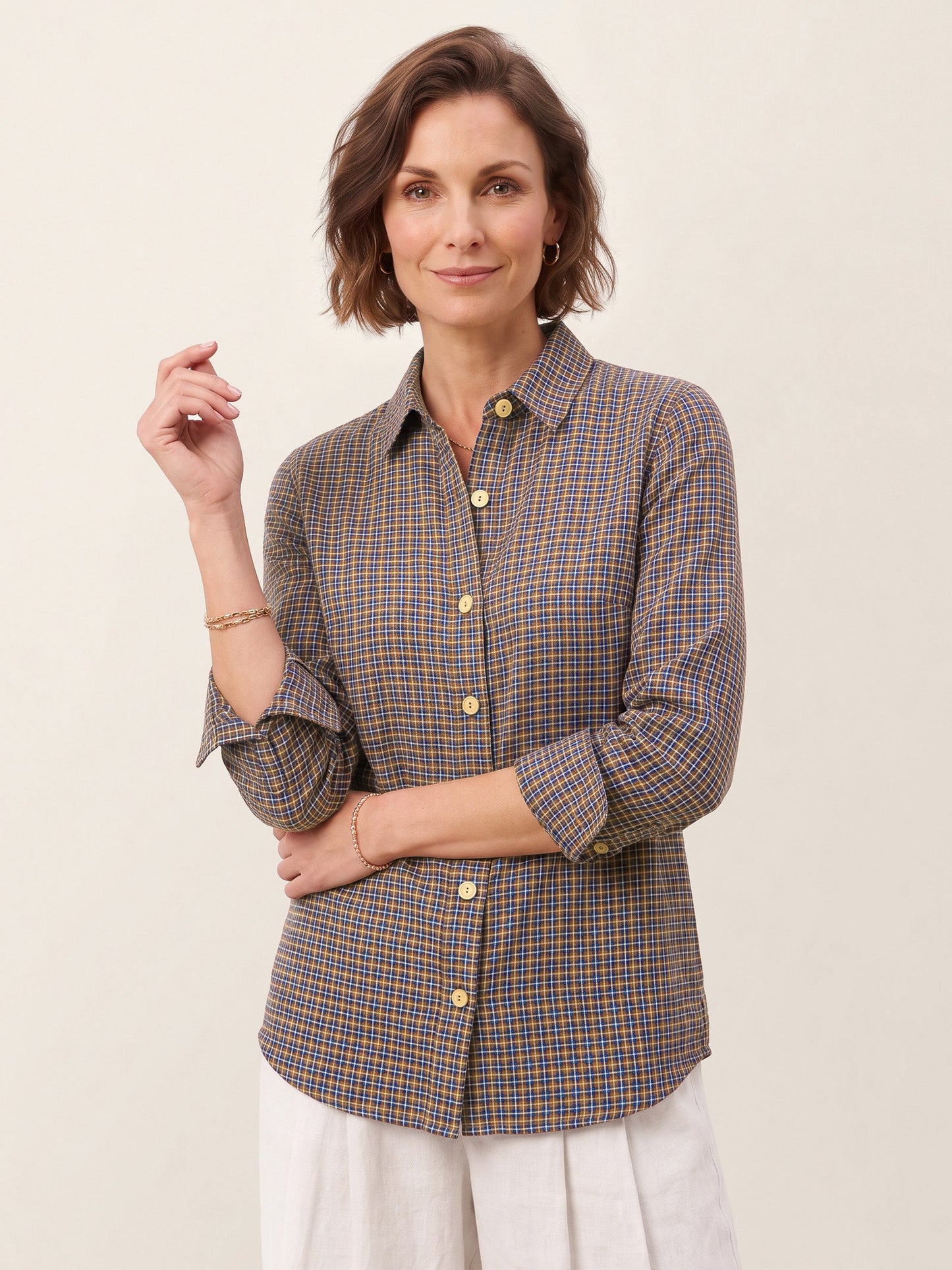 100% Linen Yarn Dyed Check Cuffed Sleeve Shirt VIANNE