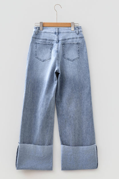 Denim Turn-Up Cuffs Wide Leg Jeans