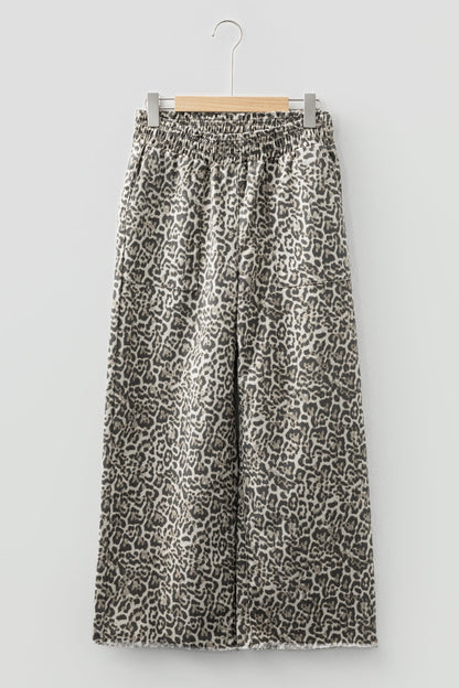 Leopard Denim Raw Hem Elastic Waist Loose Jeans