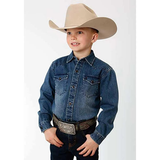 Stetson Medium Weight Denim Long Sleeve (Blue) - Boy's Western Shirt
