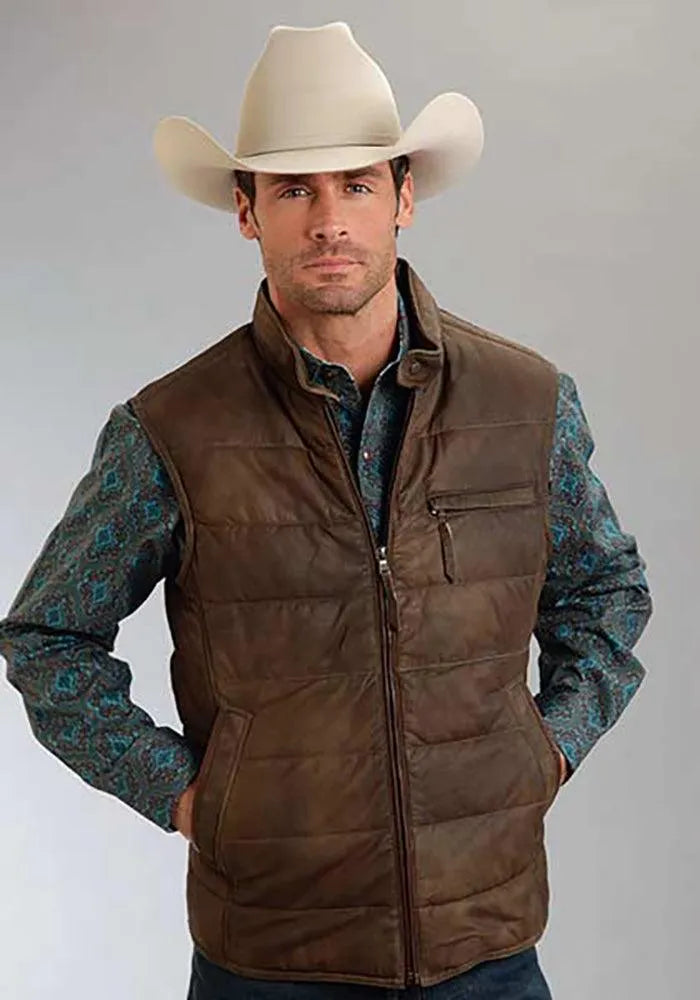 Stetson Suede Puffer Vest (Brown) - Men's Leather Vest