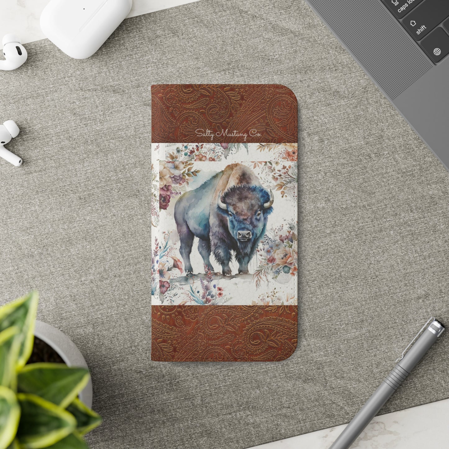 Buffalo Rose Leather Print iPhone Flip Cases