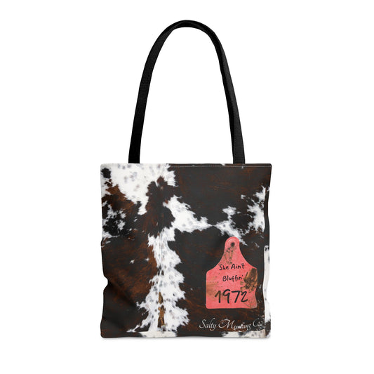 Ear Tag# 1972 She Ain't Bluffin', Tri-Color/Brindle Cow Hide Print Tote Bag (AOP)